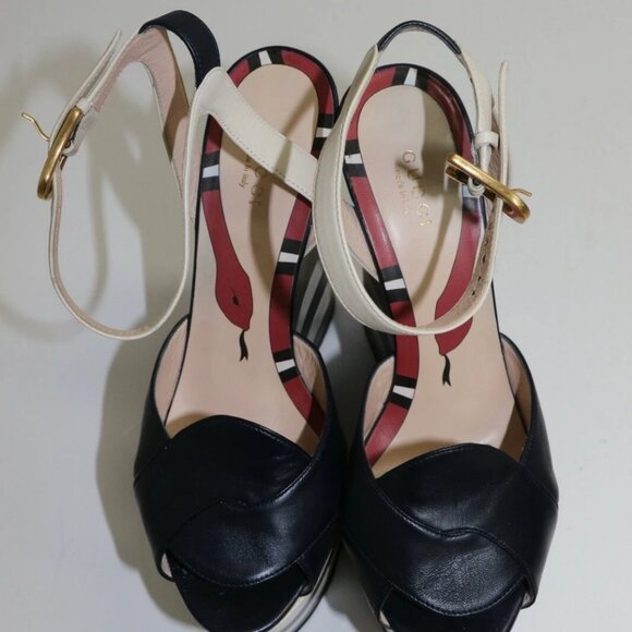 GUCCI BLU/MYSTIC WHITE ANKLE STRAP NAPPA CHARLOTTE WEDGES US 8.5 EU39 - Picture 8 of 15